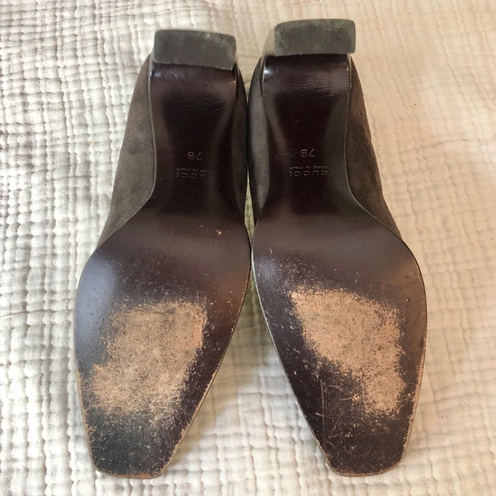 Gucci | Brown Suede Stacked Square Toe Heels